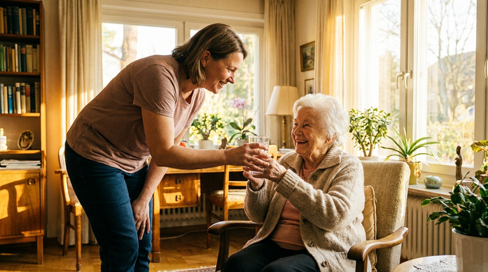 Betreuungskraft reicht einer lächelnden Seniorin ein Glas Wasser im sonnigen Wohnzimmer.