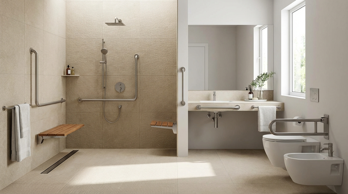 Modernes, barrierefreies Badezimmer mit ebenerdiger Dusche, rutschfesten Fliesen und stabilen Haltegriffen.