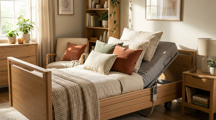 Gemütlich eingerichtetes Schlafzimmer mit einem modernen, elektrisch verstellbaren Pflegebett und weichen Kissen.