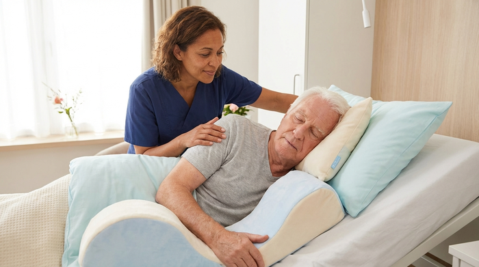 Pflegekraft lagert einen ruhenden Patienten sanft mit speziellen weichen Kissen im Pflegebett um.