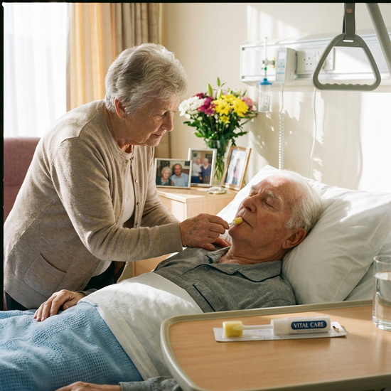 Angehörige befeuchtet sanft die Lippen eines ruhenden Seniors mit einem speziellen Pflegestäbchen.