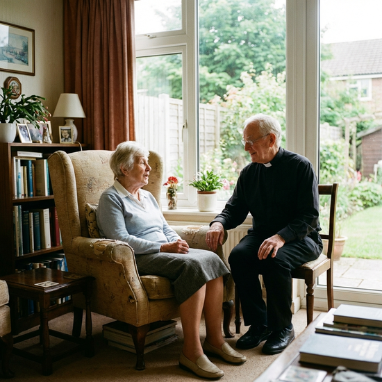 Seelsorger sitzt ruhig neben einer älteren Dame am Fenster und hört ihr aufmerksam zu.
