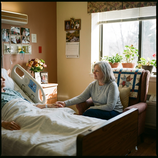 Angehörige sitzt ruhig am Pflegebett und hält die Hand des Patienten