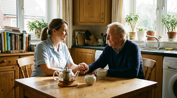 Pflegerin und älterer Herr sitzen gemeinsam am Tisch und führen ein ruhiges, vertrauensvolles Gespräch