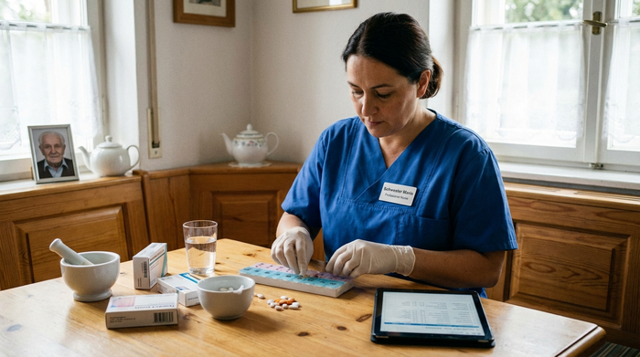 Professionelle Pflegekraft richtet Medikamente am Tisch her