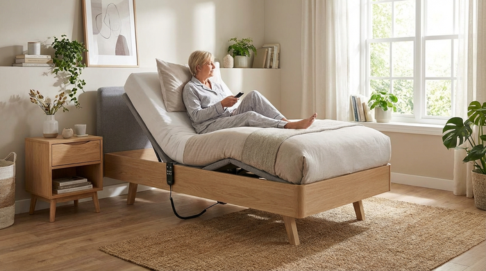 Modernes, höhenverstellbares Pflegebett im häuslichen Schlafzimmer