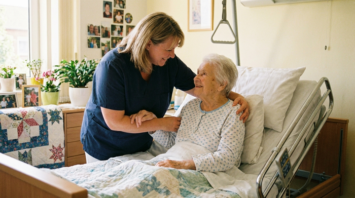 Pflegekraft unterstützt eine ältere Person sanft beim Aufrichten im Bett