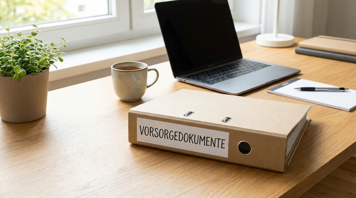 Ordner mit der Aufschrift Vorsorgedokumente liegt auf einem aufgeräumten Schreibtisch