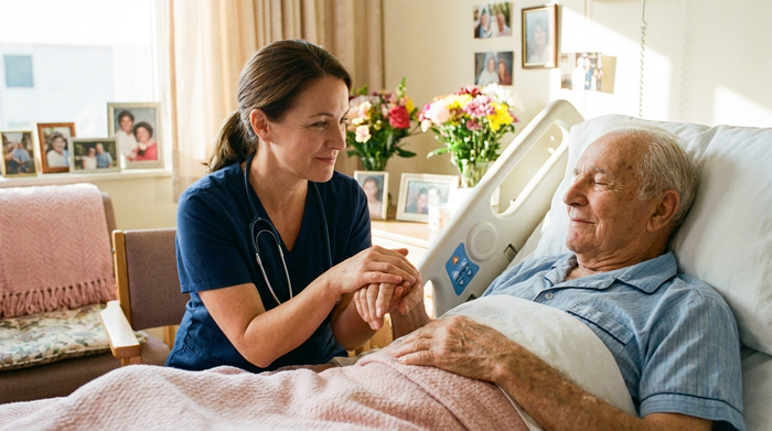 Einfühlsame Pflegekraft hält die Hand eines älteren Patienten im Pflegebett, ruhige und vertrauensvolle Atmosphäre