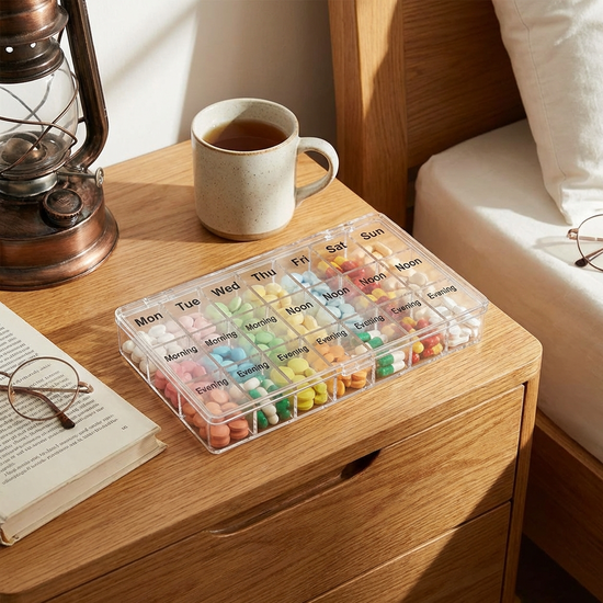 Übersichtliche Medikamentenbox mit sortierten Tabletten auf einem Nachttisch