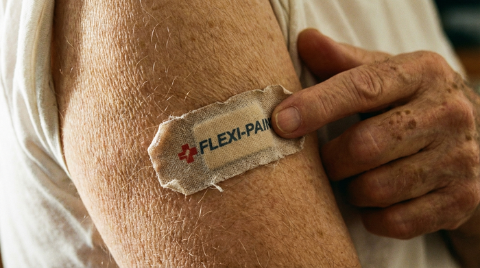 Nahaufnahme eines Schmerzpflasters auf dem Oberarm eines älteren Menschen