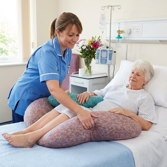 Pflegekraft lagert eine Patientin mit weichen Mikroperlenkissen im Bett