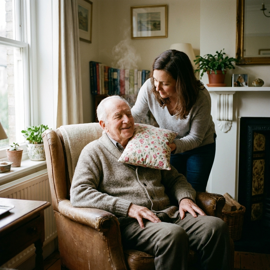 Angehörige legt ein warmes Kirschkernkissen auf die Schulter eines Seniors