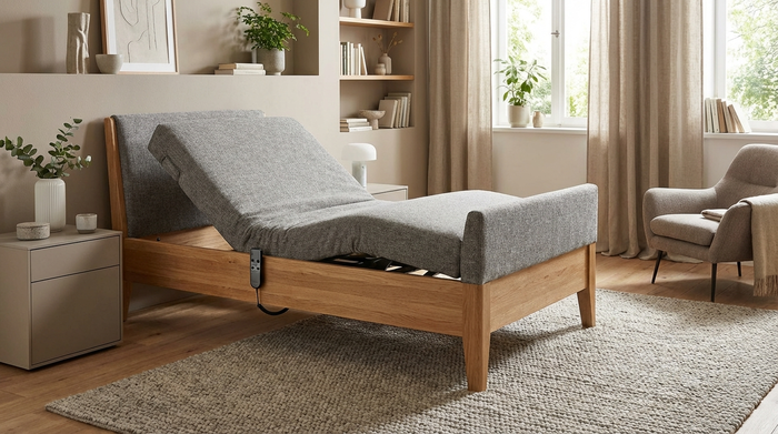 Modernes elektrisch verstellbares Pflegebett in einem wohnlichen Schlafzimmer