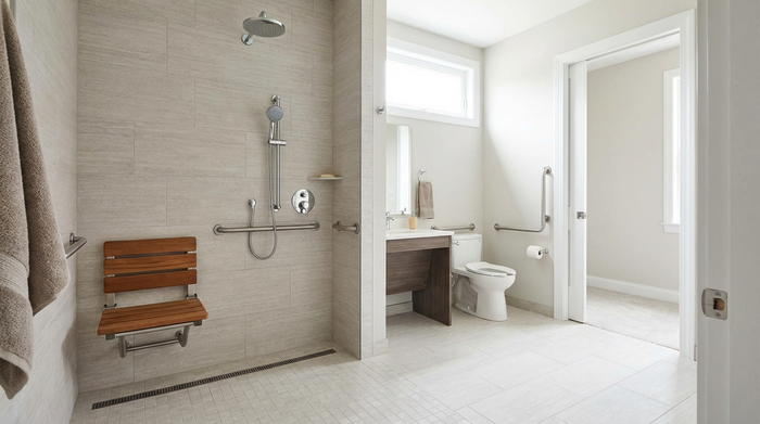 Seniorengerechtes Badezimmer mit bodengleicher Dusche und stabilem Duschsitz