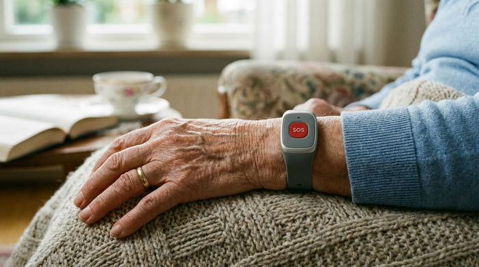 Hausnotruf-Armband am Handgelenk einer älteren Person