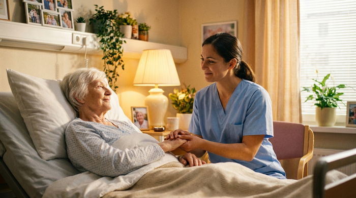 Einfühlsame Pflegerin hält die Hand eines älteren Patienten im Krankenhausbett in einem warm beleuchteten Zimmer