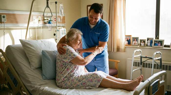 Physiotherapeut bei der sanften Mobilisation am Bett