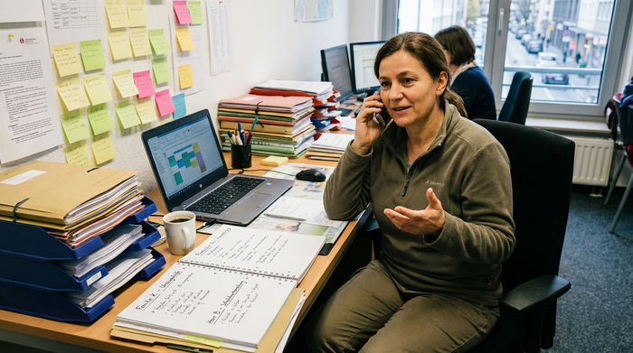 Sozialarbeiterin am Schreibtisch bei der Organisation von Hilfen