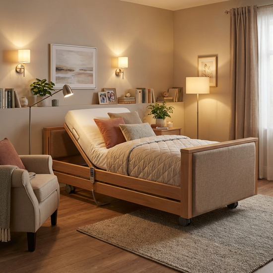 Verstellbares Pflegebett mit warmem Licht und wohnlicher Umgebung