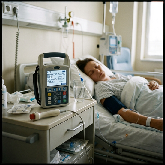 Schmerzpumpe (PCA) auf einem Nachttisch neben dem Bett