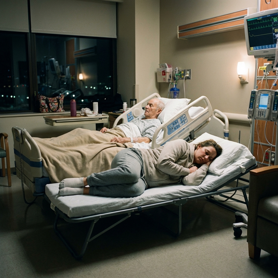 Angehörige auf einem Klappbett im Patientenzimmer