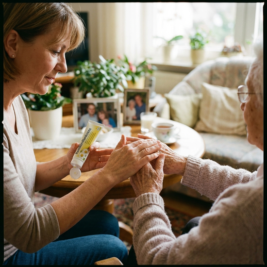 Angehörige hilft behutsam beim Eincremen der Hände
