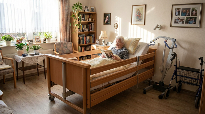 Elektrisches Pflegebett im heimischen Schlafzimmer