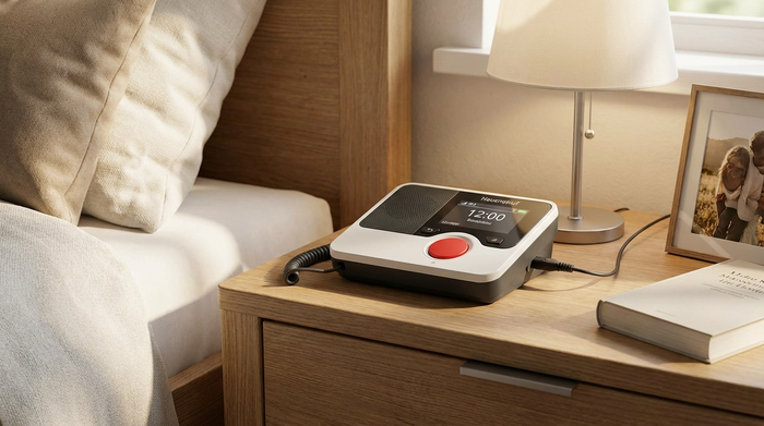 Hausnotruf-Basisstation auf Nachttisch