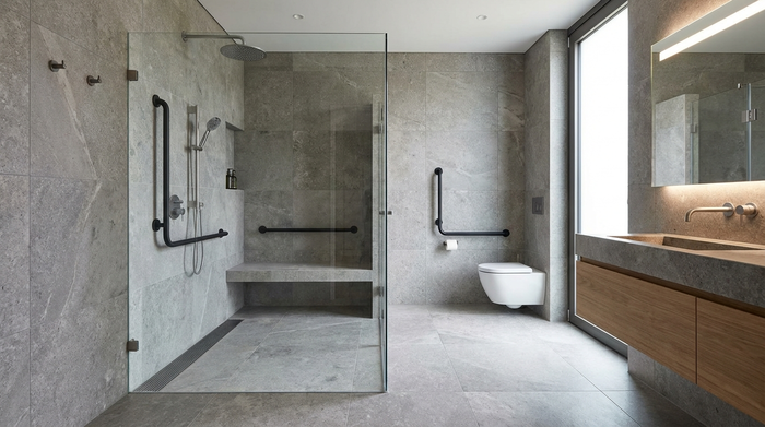 Ebenerdige Dusche mit Haltegriffen im modernen Bad