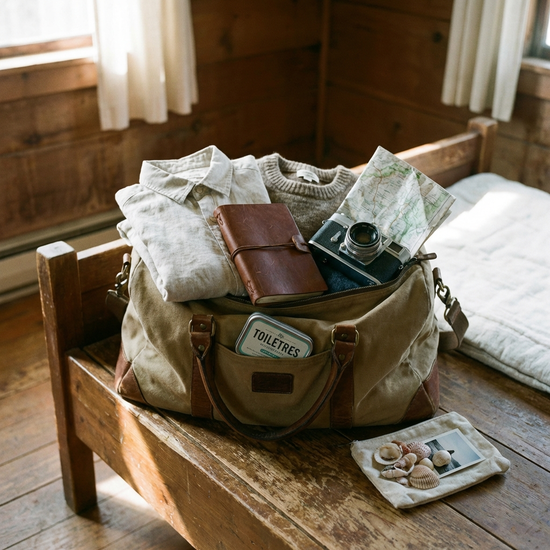 Gepackte kleine Reisetasche mit persönlichen Dingen