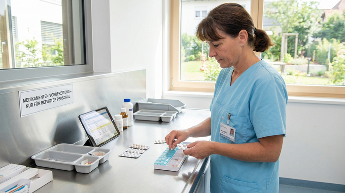 Pflegerin bereitet Medikamente an einem sauberen Arbeitsplatz vor
