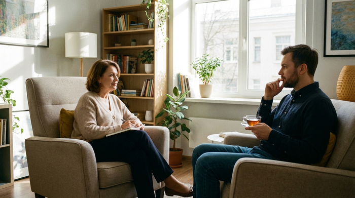 Psychologin im ruhigen Gespräch mit einem Patienten