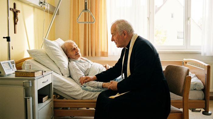 Seelsorger sitzt aufmerksam am Bett eines älteren Patienten