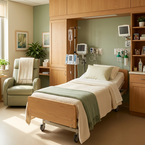 Ruhiges Zimmer auf einer Palliativstation mit medizinischer Ausstattung im Hintergrund