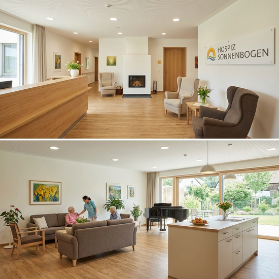 Eingangsbereich und Gemeinschaftsraum eines stationären Hospizes