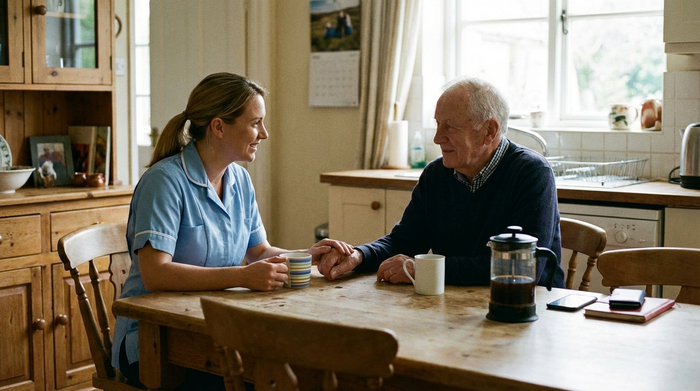 Pflegerin und Angehöriger sitzen bei einer Tasse Kaffee am Küchentisch und führen ein einfühlsames, ruhiges Gespräch