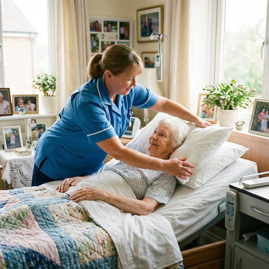 Eine Pflegekraft richtet behutsam die Kissen im Pflegebett, um eine bequeme Position zu ermöglichen