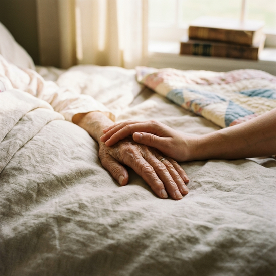 Sanftes und beruhigendes Streicheln der Hand eines älteren Menschen im Bett