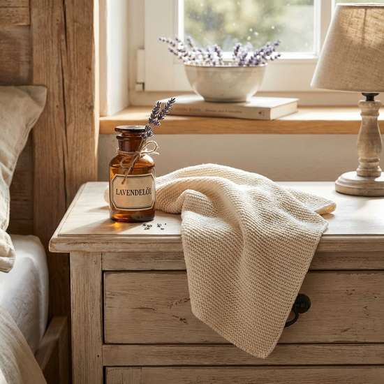 Ein Fläschchen Lavendelöl und ein weiches Tuch auf einem hellen Nachttisch