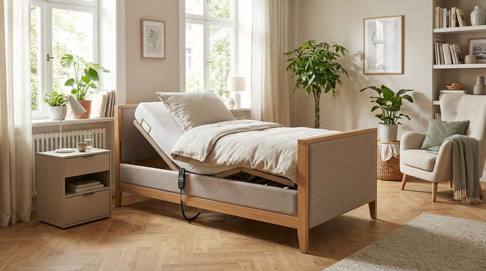 Modernes, elektrisch verstellbares Pflegebett in einem hellen, wohnlichen Zimmer