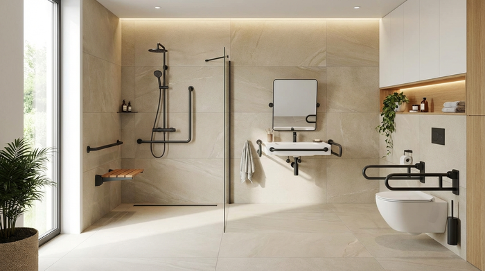 Barrierefreies, modernes Badezimmer mit bodengleicher Dusche und Haltegriffen