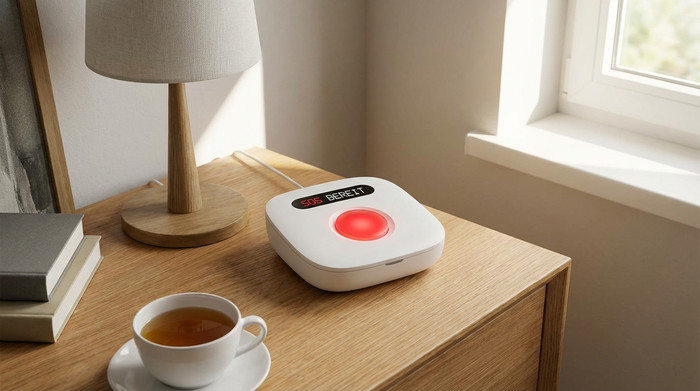 Kompaktes Hausnotruf-Gerät mit rotem Knopf auf einem Nachttisch