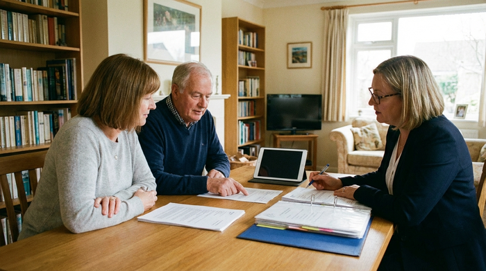 Angehörige sitzen gemeinsam mit einer Pflegeberaterin an einem Tisch und besprechen ruhig Dokumente
