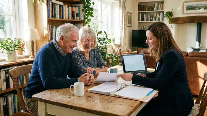 Älteres Ehepaar sitzt gemeinsam am Holztisch und bespricht Dokumente mit einer freundlichen Beraterin