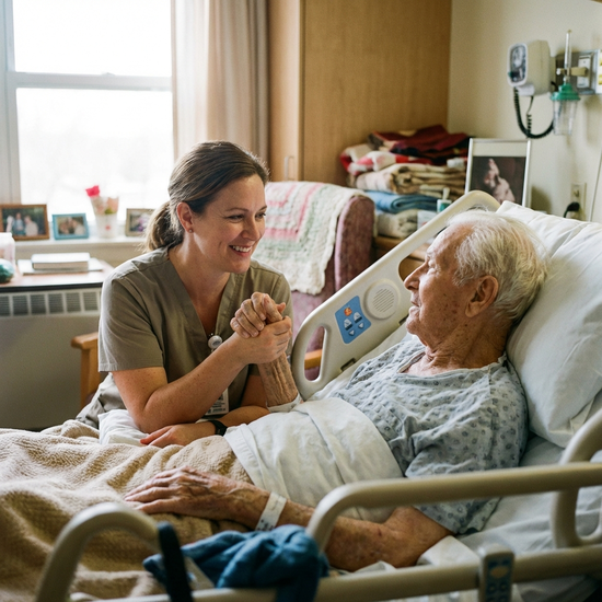 Einfühlsame Pflegekraft hält sanft die Hand eines älteren Patienten im Bett