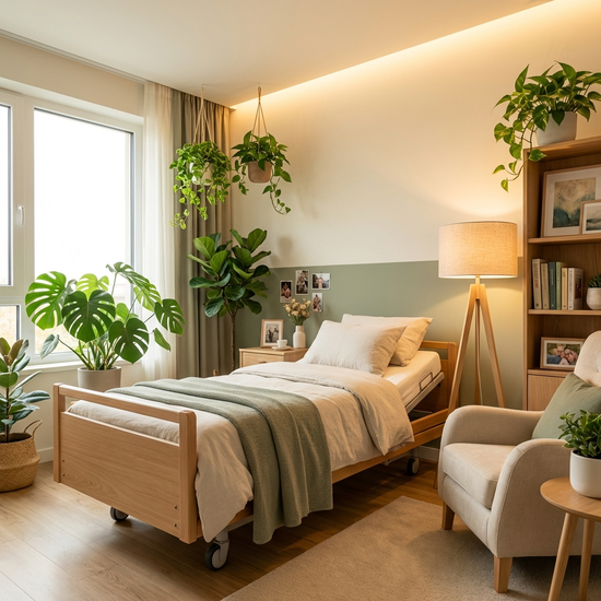 Modernes und gemütliches Pflegezimmer mit warmem Licht und beruhigenden Zimmerpflanzen