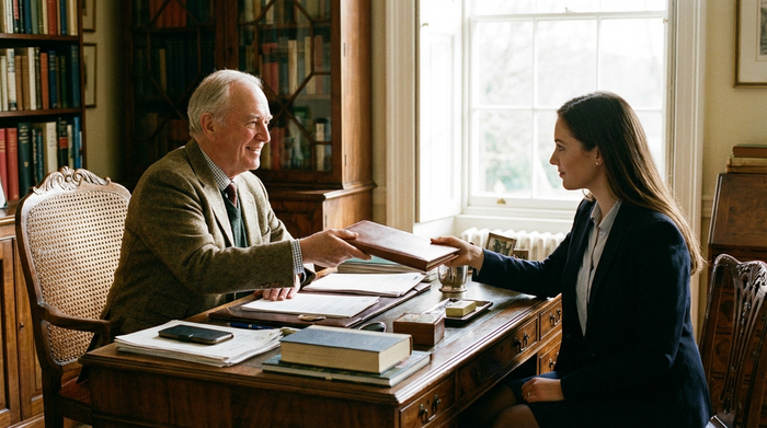 Älterer Herr übergibt einer jüngeren Frau vertrauensvoll eine Mappe am Schreibtisch