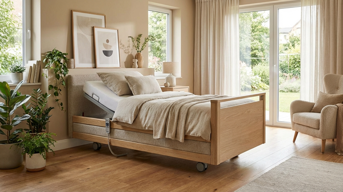 Modernes elektrisches Pflegebett im wohnlichen und hellen Schlafzimmer