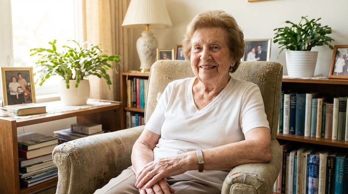 Seniorin trägt einen unauffälligen Hausnotruf-Sender als Armband am Handgelenk